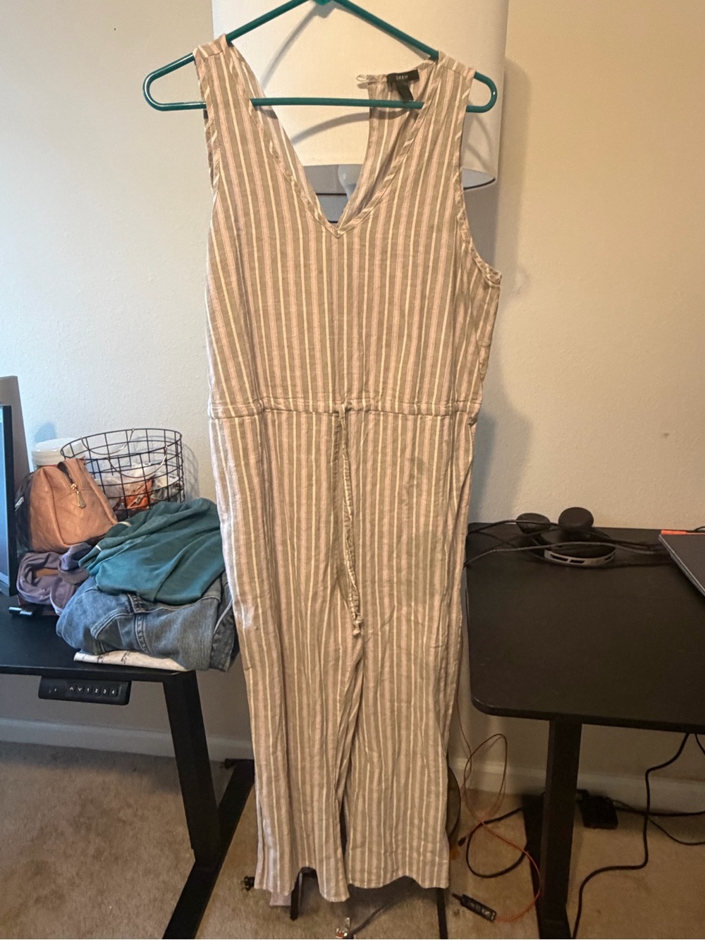 DREW Beige and White Striped V-Neck Linen-Blend Jumpsuit